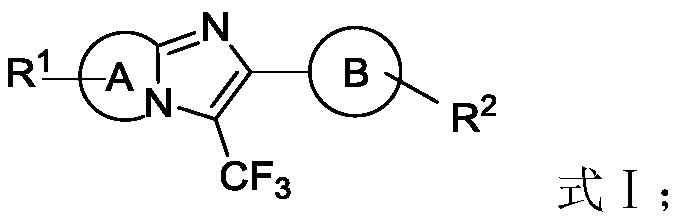 General structural formula of trifluoromethyl imidazole fused-ring compounds showing variable A and B rings