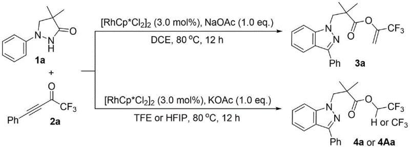 Divergent synthesis pathway showing solvent-controlled selectivity between products 3a and 4a