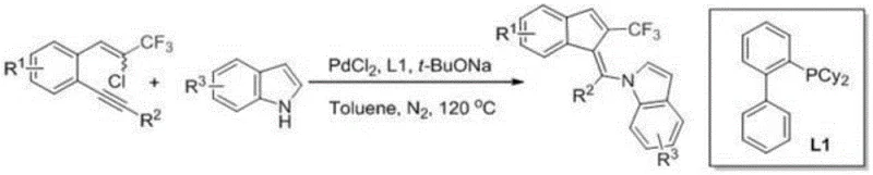 General reaction scheme for the synthesis of 2-trifluoromethylindenylmethylene indole derivatives using Pd catalysis