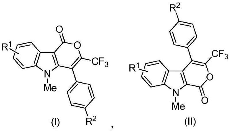 General chemical structures of trifluoromethyl substituted indolopyranone compounds Formula I and II