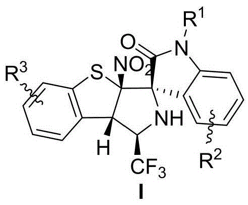 General structure of trifluoromethyl-containing tetrahydrobenzothiophene pyrrole spiro oxoindole compounds showing four chiral centers