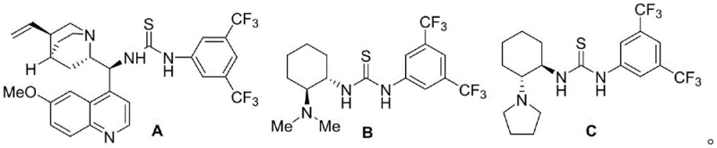 Structures of chiral tertiary amine-thiourea bifunctional catalysts A, B, and C used for stereocontrol