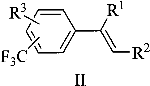 General chemical structure of trifluoromethyl styrene compound II showing variable substituents R1, R2, and R3