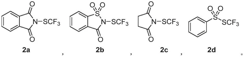 Chemical structures of various trifluoromethylthiolating reagents 2a to 2d used in the synthesis