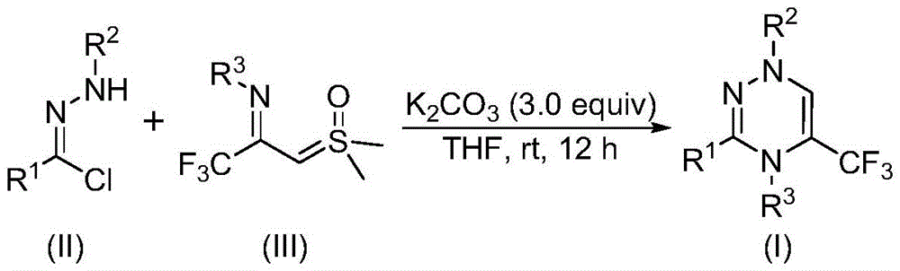 Chemical reaction scheme showing chlorohydrazone (II) and trifluoroacetyl sulfur ylide (III) reacting with K₂CO₃ in THF at room temperature to form trifluoromethyl-substituted triazine compound (I)