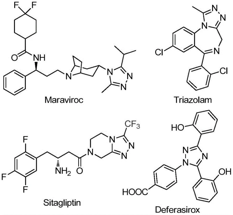 Chemical structures of marketed drugs containing 1,2,4-triazole motifs like Maraviroc and Sitagliptin