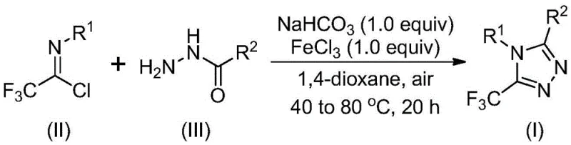 General reaction scheme showing the FeCl3 catalyzed synthesis of 5-trifluoromethyl-1,2,4-triazole derivatives from imidoyl chlorides and hydrazides
