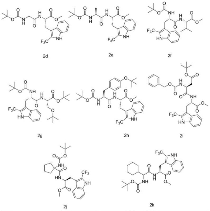 Structures of advanced trifluoromethylated peptide derivatives 2d through 2k demonstrating substrate scope