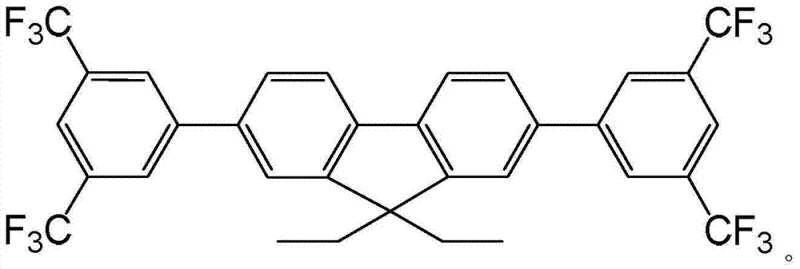 Chemical structure of 2,7-bis-(3,5-bis-(trifluoromethyl)) phenyl-9,9-diethyl fluorene showing the trifluoromethyl groups attached to the phenyl rings