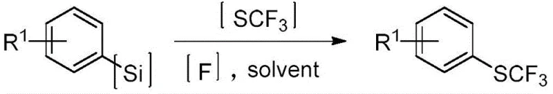 Reaction route showing the conversion of aryl silane to trifluoromethylthio compound using fluoride and SCF3 reagent