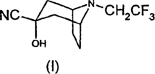 Chemical structure of the product 3-exo-cyano-3-endo-hydroxy-8-(2,2,2-trifluoroethyl)-8-azabicyclo[3.2.1]octane (I)