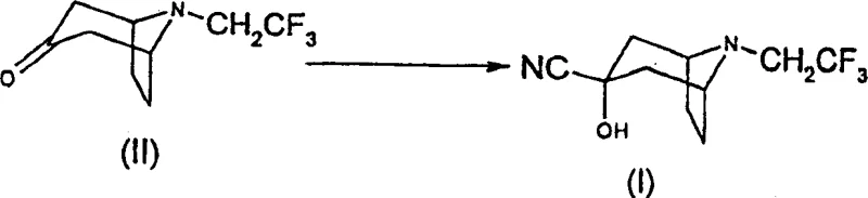 Reaction scheme showing the conversion of 8-(2,2,2-trifluoroethyl)-8-azabicyclo[3.2.1]octan-3-one (II) to the cyanohydrin product (I)