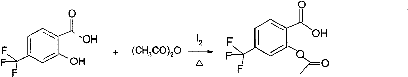 Reaction scheme showing iodine-catalyzed synthesis of Triflusal from 4-(trifluoromethyl)salicylic acid and acetic anhydride