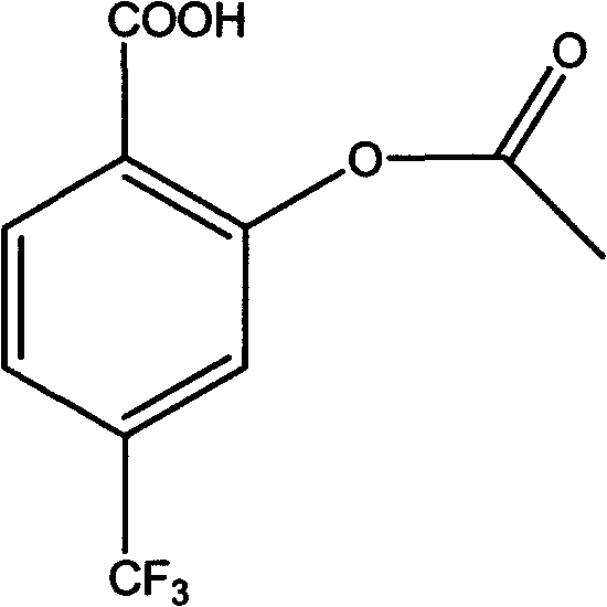 Chemical structure of Triflusal (2-acetoxy-4-(trifluoromethyl)benzoic acid) showing the trifluoromethyl substitution on the phenyl ring