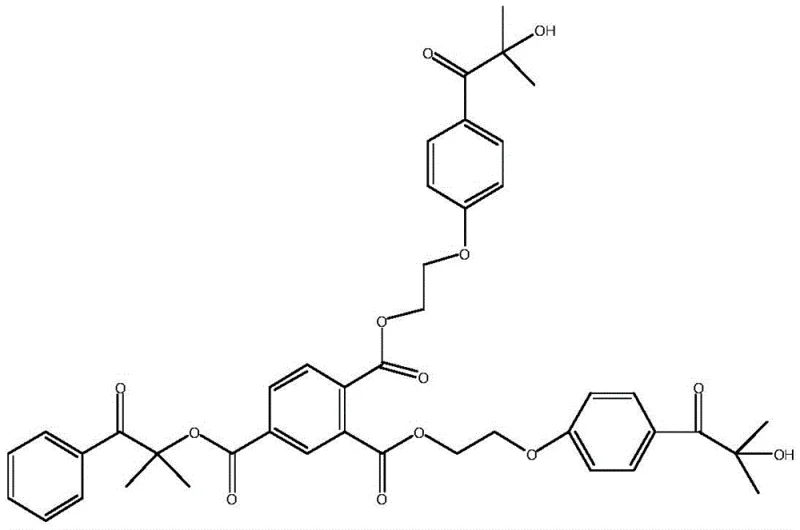 Molecular structure of the trifunctional photoinitiator HTH showing the central trimellitic core linked to Darocur 1173 and two Darocur 2959 units