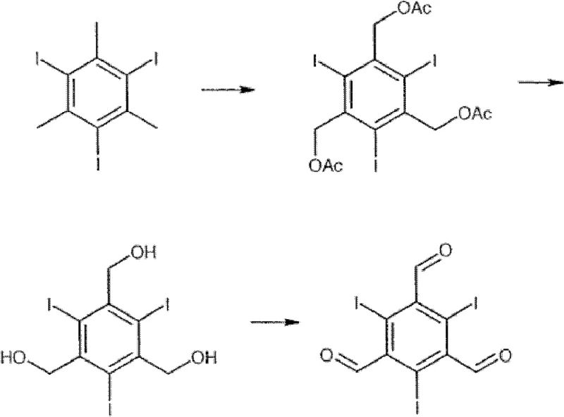 Reaction pathway showing the stepwise oxidation of triiodotrimethylbenzene derivatives, illustrating the complex intermediates avoided by the new one-step method