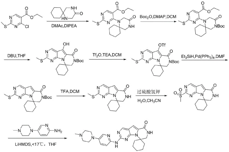 Prior art synthetic route showing multiple protection steps and palladium usage