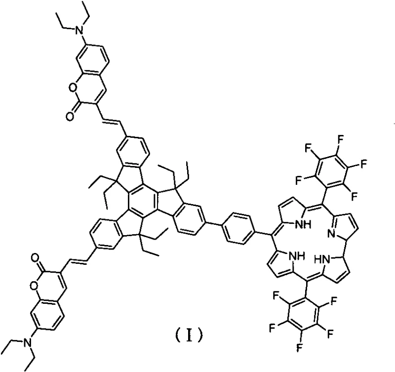 Chemical structure of the trimeric indenyl biscoumarin-corrole triplet photosensitizer (Compound I) showing the star-shaped architecture with coumarin donors and corrole acceptor