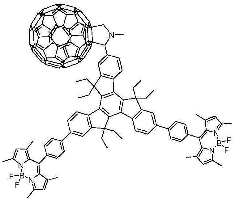 Chemical structure of the trimeric indenyl BODIPY-fullerene star compound showing the central core and peripheral functional groups