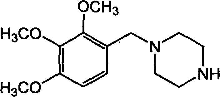 Chemical structure of Trimetazidine (1-(2,3,4-trimethoxybenzyl)piperazine) showing the core pharmacophore