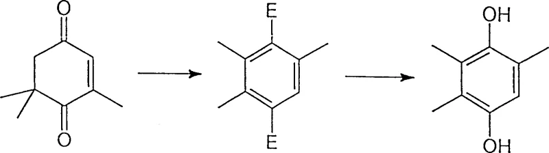 Reaction scheme showing the rearrangement of 4-oxo-isophorone to Trimethylhydroquinone diester and subsequent hydrolysis to TMHQ