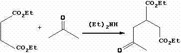 Condensation of diethyl maleate and acetone to form 2-acetone-1,4-succinic acid diethyl ester