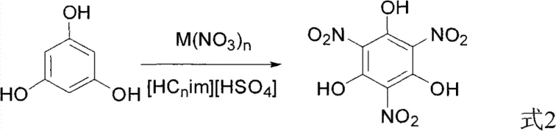 Reaction scheme showing the nitration of phloroglucinol to trinitrophloroglucinol using metal nitrates in acidic ionic liquid