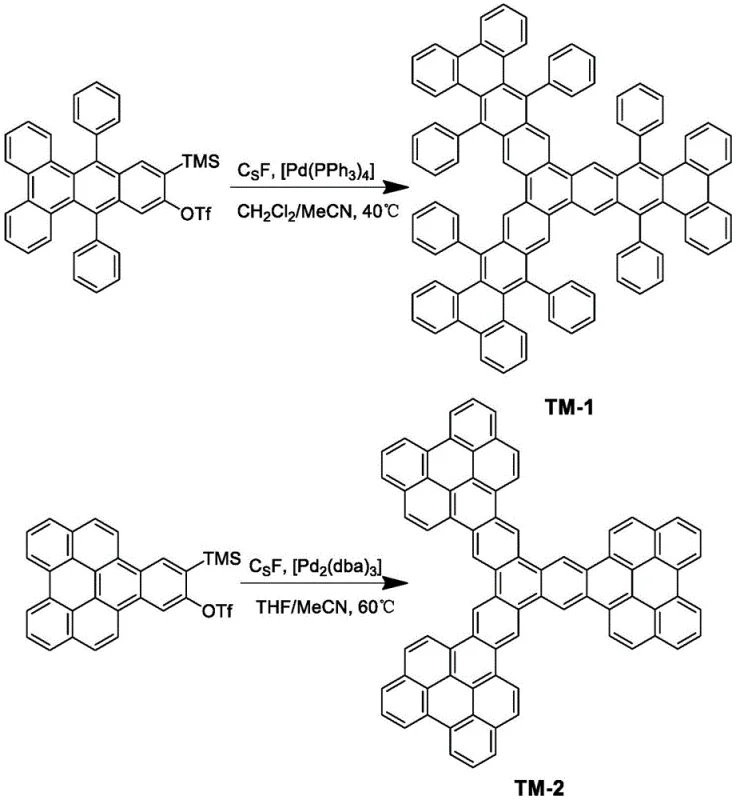 Conventional Palladium-catalyzed synthesis of TM-1 showing low yield and dimer byproducts