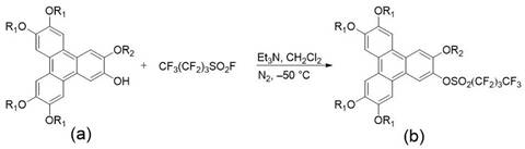 Synthesis of triphenylene perfluorobutyl sulfonate intermediate (b) from hydroxytriphenylene (a)