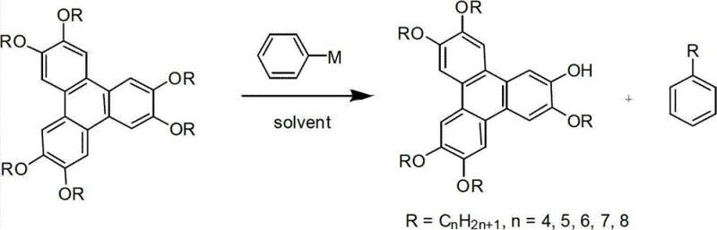Reaction scheme showing selective dealkylation of hexaalkoxytriphenylene to pentaalkoxyhydroxytriphenylene and linear alkyl benzene