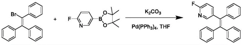 Specific reaction scheme for Example 1 showing the synthesis of 2-fluoro-5-(1,2,2-tristyryl)pyridine via Suzuki coupling