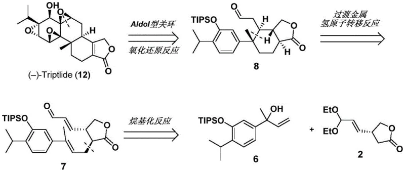 Retrosynthetic analysis of Triptonide and Triptolide showing the strategic disconnection to Taniguchi lactone
