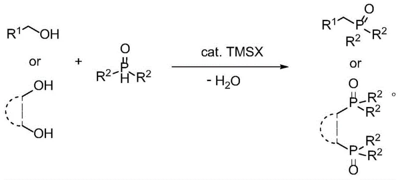 General reaction scheme showing the halosilane-catalyzed coupling of alcohols and dialkyl phosphine oxides to form trisubstituted phosphine oxides