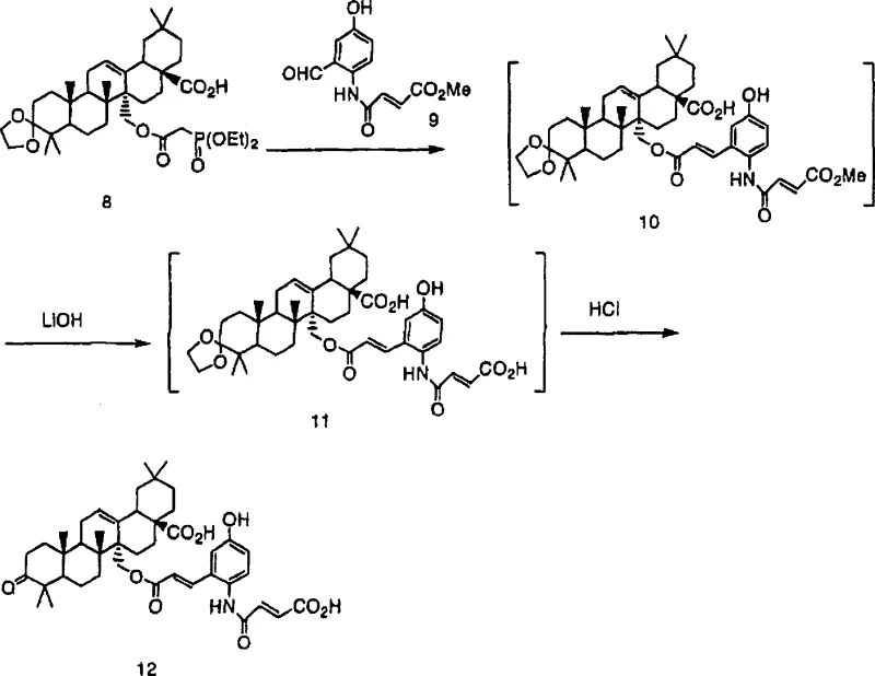 Detailed synthesis pathway of Compound (12) showing coupling and deprotection steps