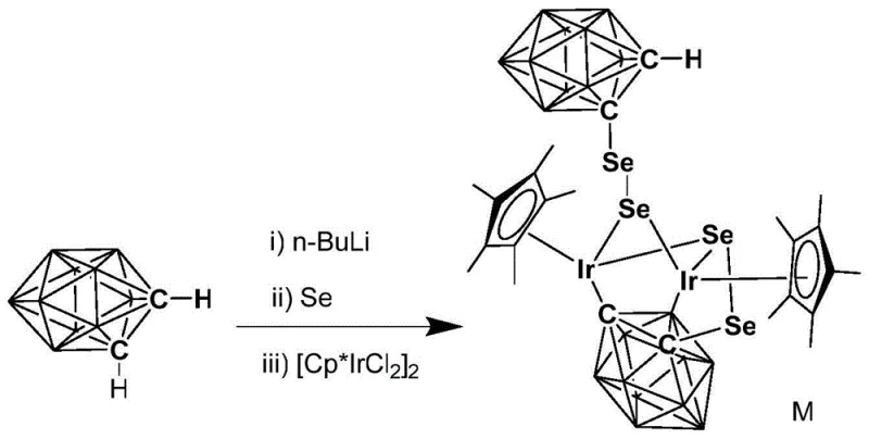 Synthetic route for the preparation of the trivalent iridium complex M from o-carborane and binuclear iridium precursor