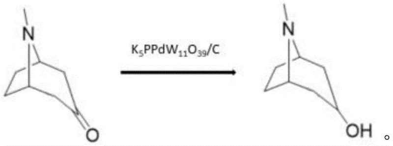 Chemical reaction scheme showing the hydrogenation of Tropinone to Tropinol using K5PPdW11O39/C catalyst