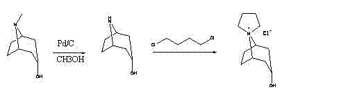 Demethylation of alpha-tropanol to nortropine and subsequent quaternization with 1,4-dichlorobutane