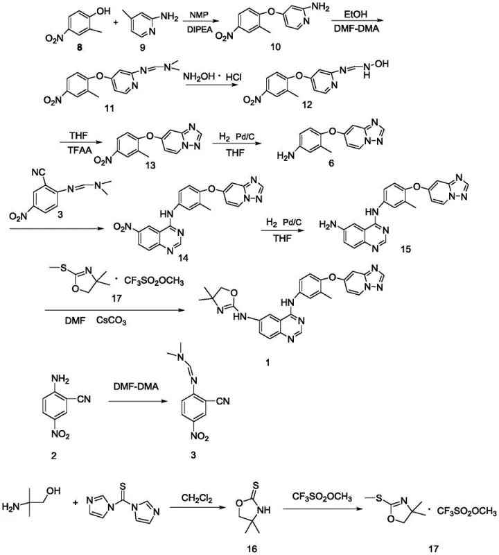 Prior art synthetic route showing the long 7-step sequence and difficult triflate coupling