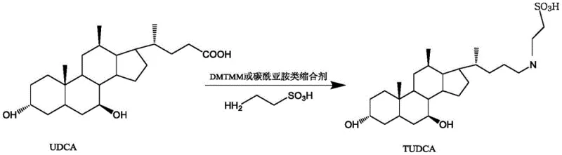 Reaction scheme of condensing agent method for TUDCA synthesis showing DMTMM or carbodiimide usage