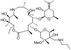 Chemical structures of Tulathromycin and its precursor Azithromycin A showing the modification at the 5-hydroxyl position