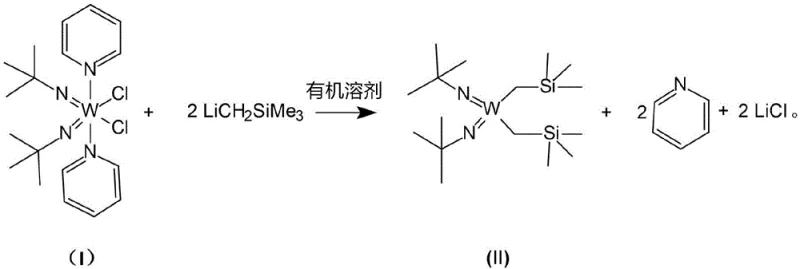 Reaction scheme showing the conversion of W(NtBu)2Cl2Py2 to W(NtBu)2(CH2TMS)2 using LiCH2SiMe3