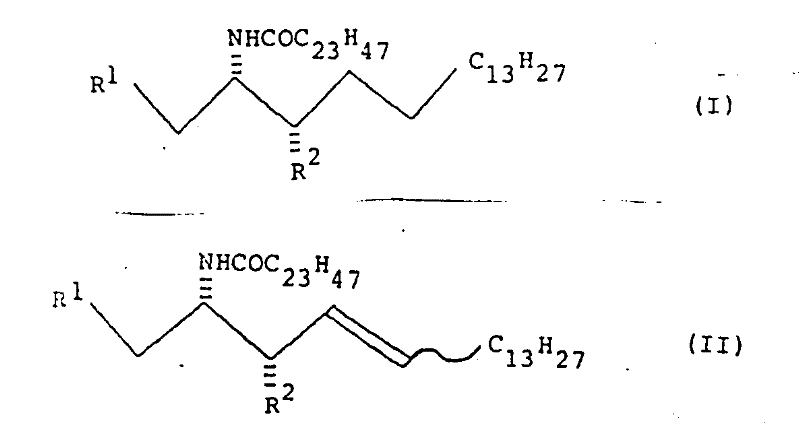 General chemical structures of unnatural ceramide compounds Formula I and II