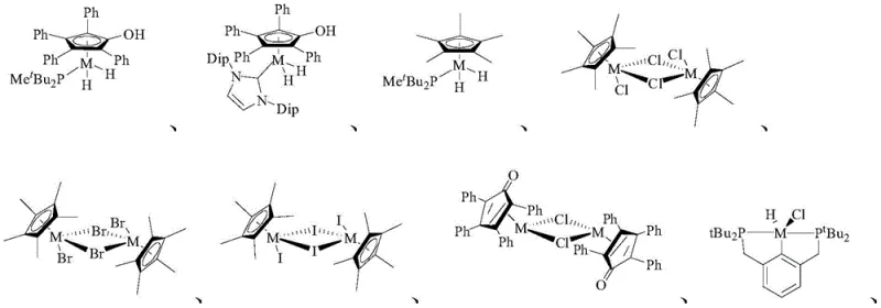 Structures of various Iridium and Rhodium transition metal catalysts used in the dehydrogenation reaction