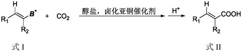 General reaction scheme of alkenyl boron compound carboxylation with CO2 catalyzed by cuprous halide