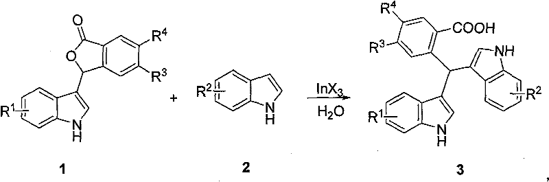 General reaction scheme showing InX3 catalyzed coupling of phthalide and indole derivatives in water