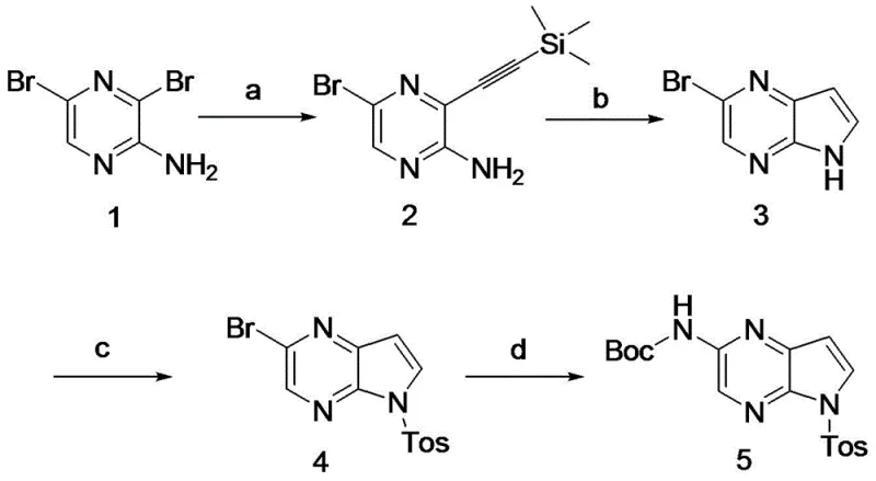 Prior art synthetic route using Pd/Cu catalysis and harsh basic conditions