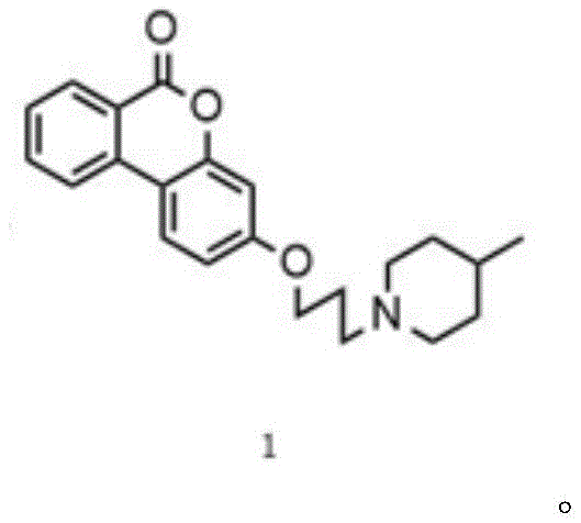 Chemical structure of Three-carbon chain methyl piperidine urolithin B showing the urolithin core linked to a methylpiperidine tail