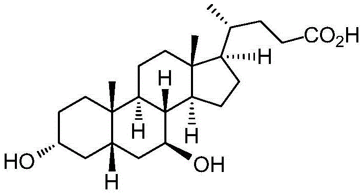 Chemical structure of Ursodeoxycholic Acid (UDCA) showing the steroid backbone and hydroxyl groups
