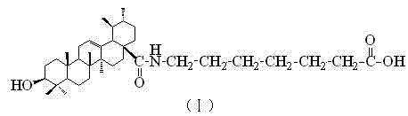 Chemical structure of Ursolic-12-en-28-yl (7'-aminoheptanoic acid) showing the pentacyclic triterpenoid backbone linked to an aminoheptanoic acid chain