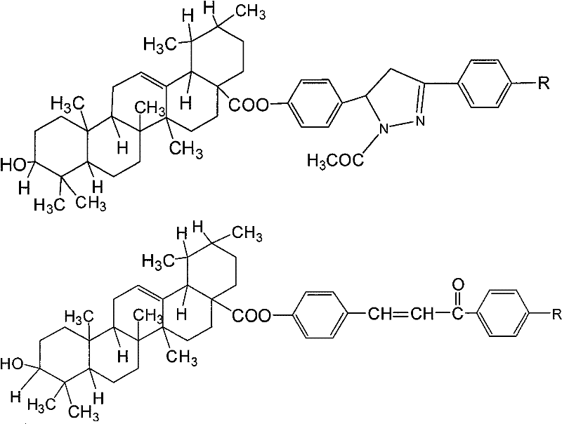 General structural formula of ursolic acid derivatives showing chalcone and pyrazoline ester variations